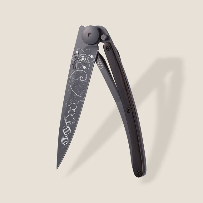 Deejo Tattoo Folding Knife, Black Ebony Wood Science