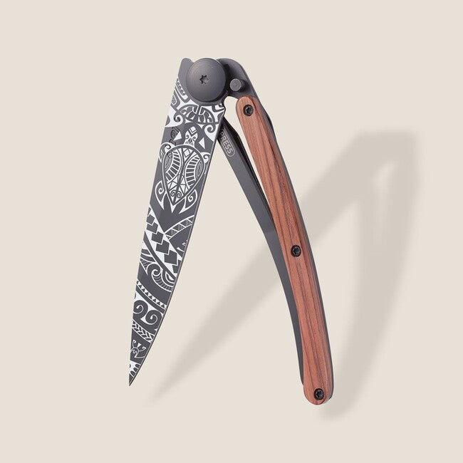 Deejo Folding Knife Black Tattoo Coralwood Polynesian