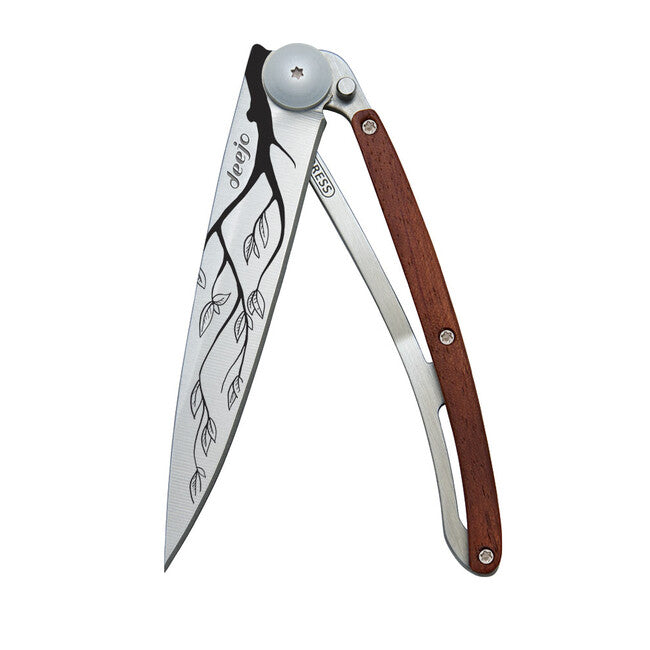 Deejo Tattoo Tree Folding Knife, Coralwood
