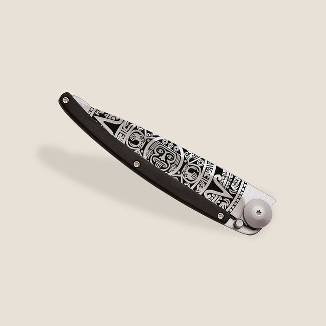 Deejo Tattoo Wood Folding Knife Aztec Sun