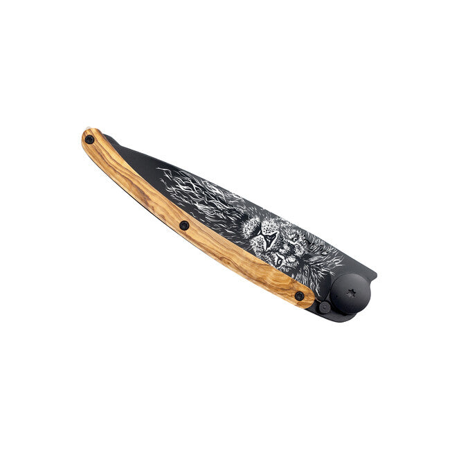 Deejo Tattoo Folding Knife, Black, Olive Wood, Leo