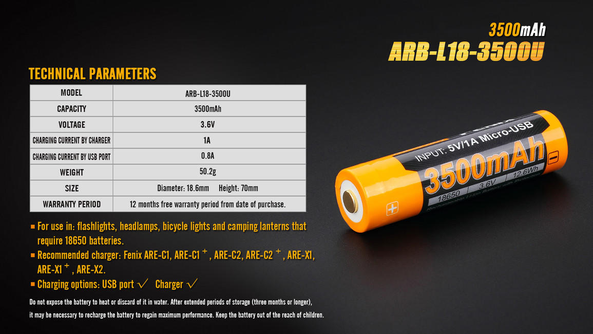 Fenix USB Rechargeable Battery 18650 3500 mAh, Li-ion
