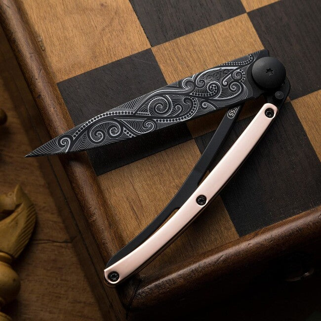 Deejo Tattoo Folding Knife, 18kt Pink Gold Pacific