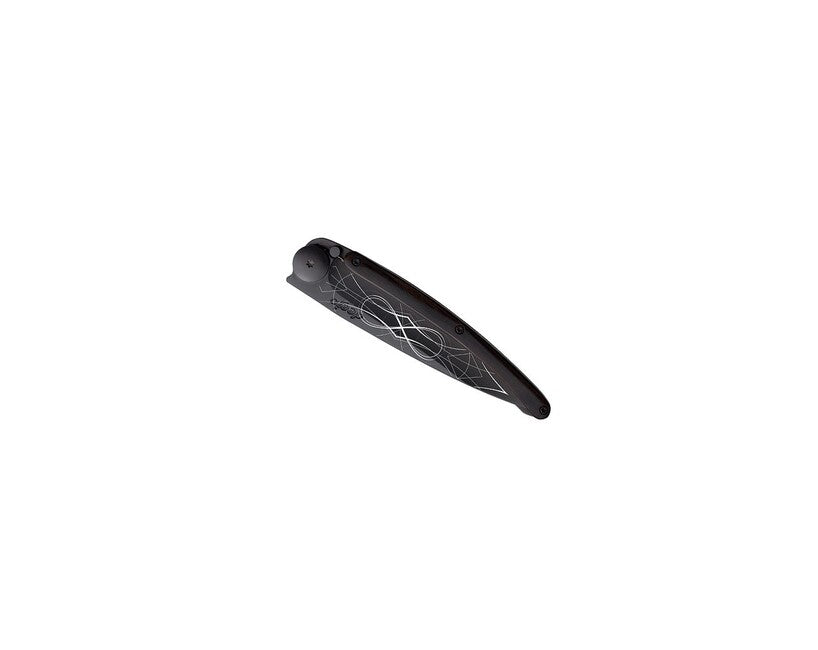 Deejo Tattoo Folding Knife, Black Ebonywood Infinity