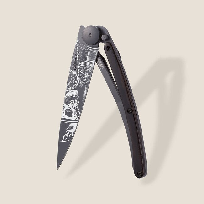 Deejo Black Tattoo Folding Knife, Biker Ebony Wood Ride or Die