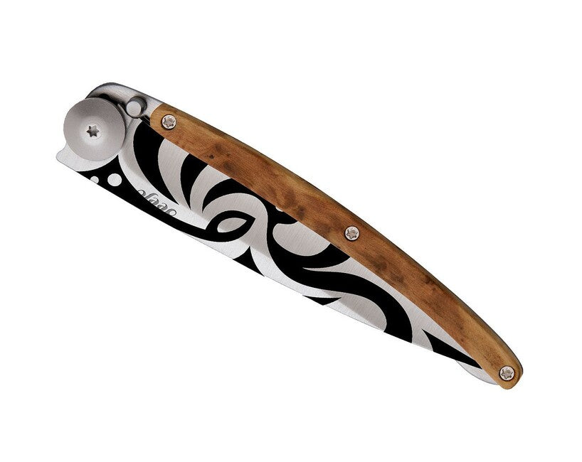 Deejo Tattoo Tribal Folding Knife, Juniper Wood