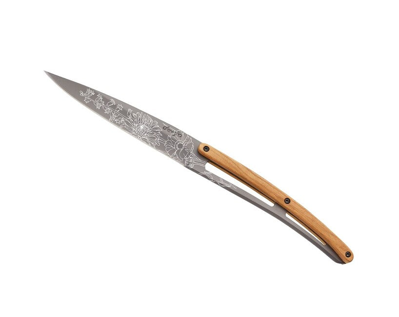 Deejo Tattoo 6-Piece Steak Knife Set, Grey Titanium, Olive Wood, Blossom