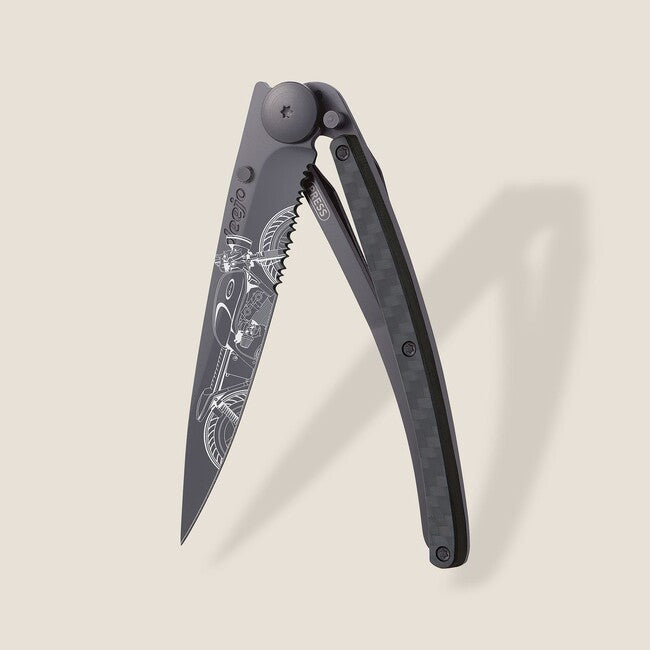Deejo Serration Folding Knife, Black Café Racer