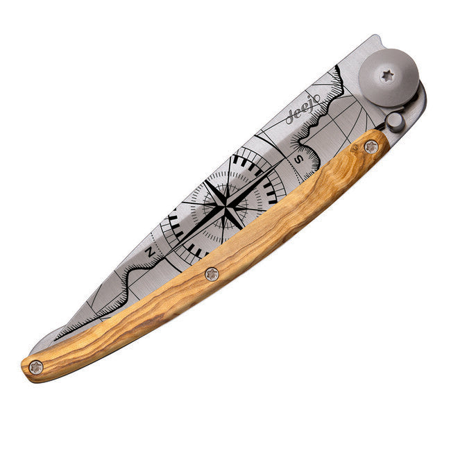 Deejo Tattoo Folding Knife Olive Wood Terra Incognita