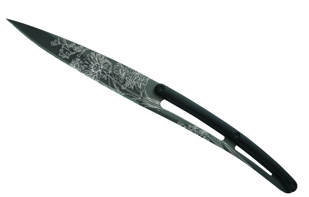 Deejo 6-Piece Steak Knife Set, Black Titan Blade, Serrated Edge, Black ABS Handle, Blossom Design