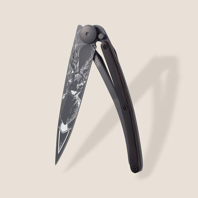Deejo Nature Folding Knife, Black Ebony Wood, Deer