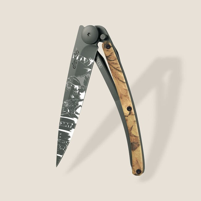 Deejo Tattoo Folding Knife, Black Brown Camo Hunting Day