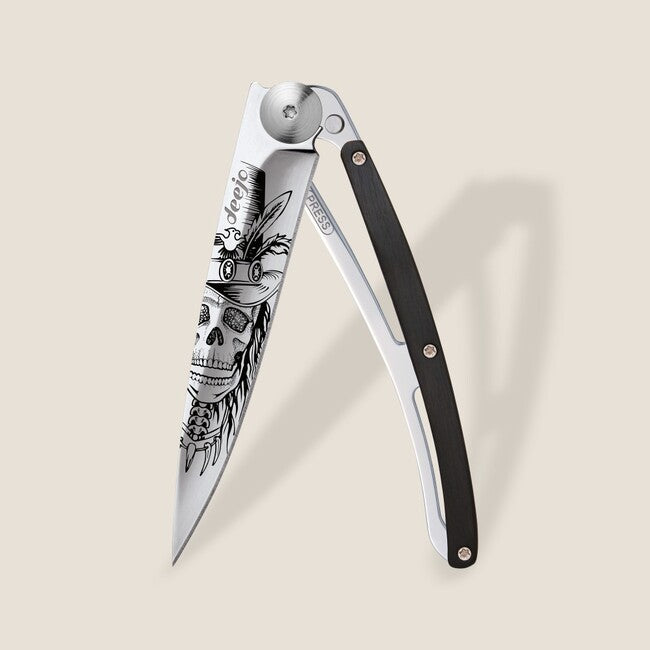 Deejo Tattoo Mirror Folding Knife, Ebony Wood, Dandy Skull