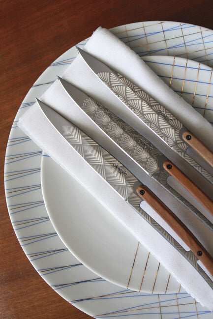 Deejo 6-Piece Steak Knife Set, Titanium Coating, Olive Wood, Art Deco Design