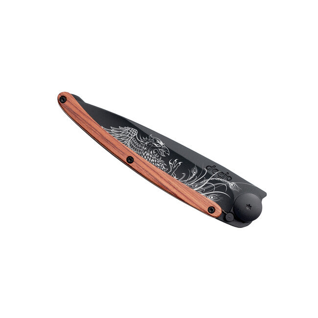 Deejo Tattoo Folding Knife, Black Coral Wood Phoenix