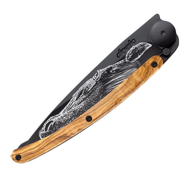 Deejo Black Tattoo Folding Knife, Olive Wood