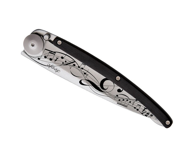 Deejo Tattoo Folding Knife Ebony Wood Partition