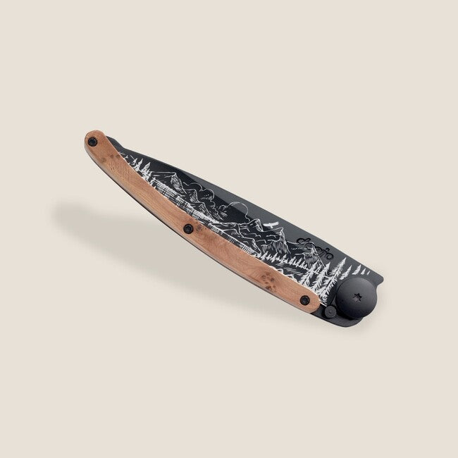 Deejo Tattoo Folding Knife, Black Juniper Wood, Mountain