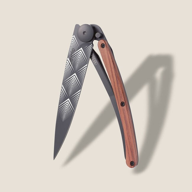 Deejo Tattoo Folding Knife, Black Coralwood, Art Déco