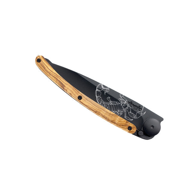 Deejo Tattoo Folding Knife, Black Olive Wood, Scorpio