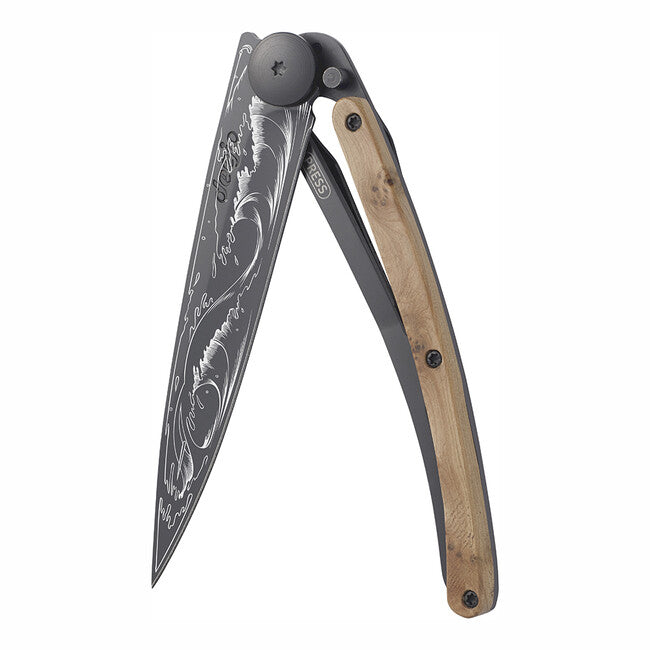 Deejo Wave Folding Knife, Black Juniper Wood, Ocean