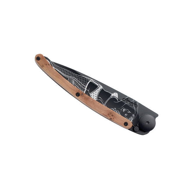 Deejo Tattoo Folding Knife, Black Juniper Wood, Pin Up