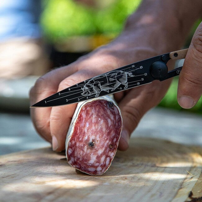 Deejo Black Tattoo Folding Knife, Olive Wood
