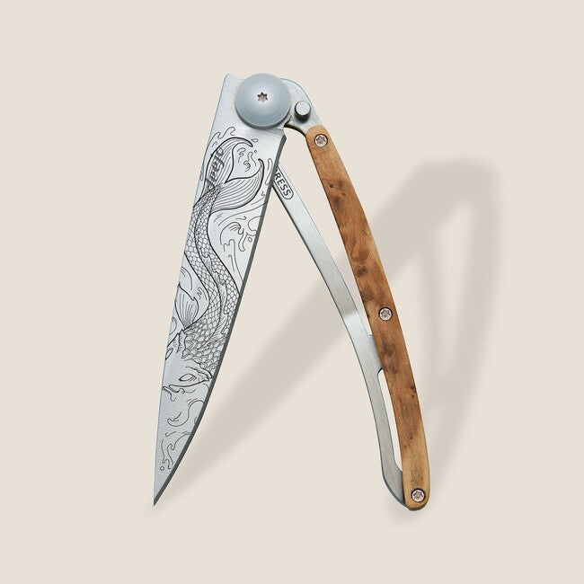 Deejo Tattoo Fish Folding Knife, Juniper