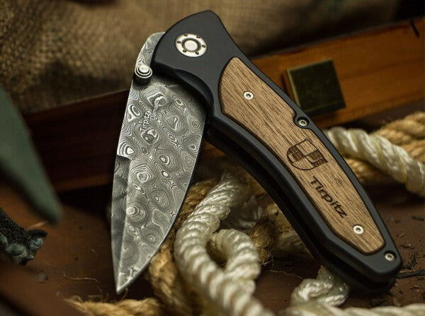 Böker Tirpitz-Damascus Pocket Knife 9.9 cm, Damascus Steel, Aluminum, Walnut