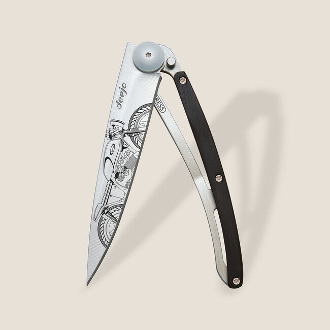Deejo Tattoo Cafe Racer Folding Knife, Ebony Wood