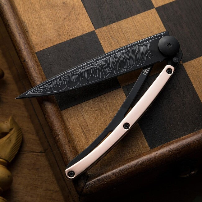 Deejo Folding Knife GOLD Tattoo 18kt Pink Gold Feather