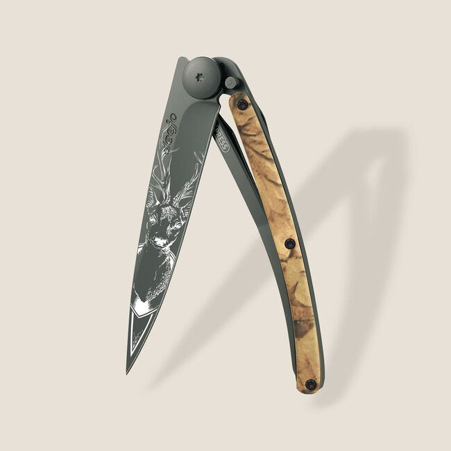 Deejo Tattoo Folding Knife, Black Brown Camo, Deer