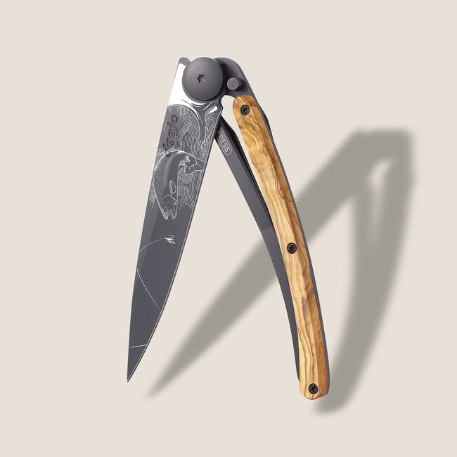 Deejo Tattoo Folding Knife, Black Olive Wood Trout
