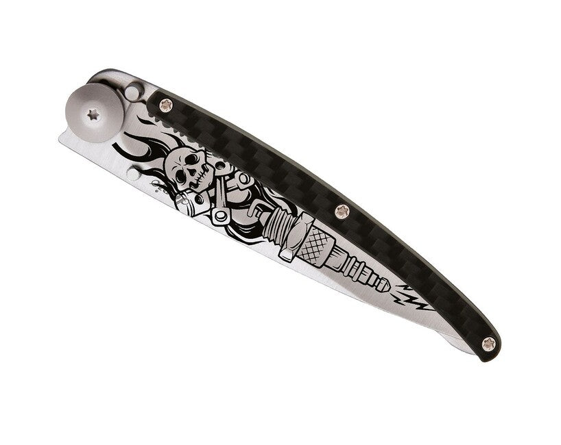Deejo Tattoo Serration Folding Knife, Titan Carbon Fiber Biker