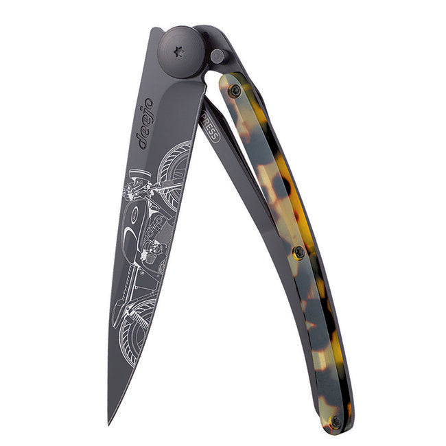 Deejo Tattoo Turtle Folding Knife, Black Turtle Shell Café Racer