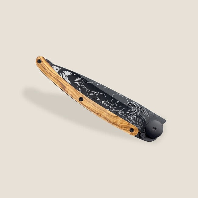 Deejo Tattoo Folding Knife, Black, Olive Wood, Aries