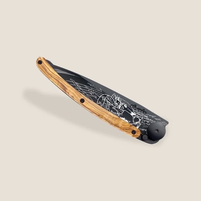Deejo Tattoo Folding Knife, Black Olive Wood Cancer