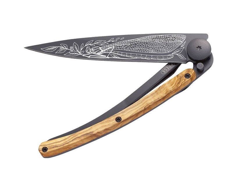 Deejo Tattoo Folding Knife, Black Olive Wood Dragonfly