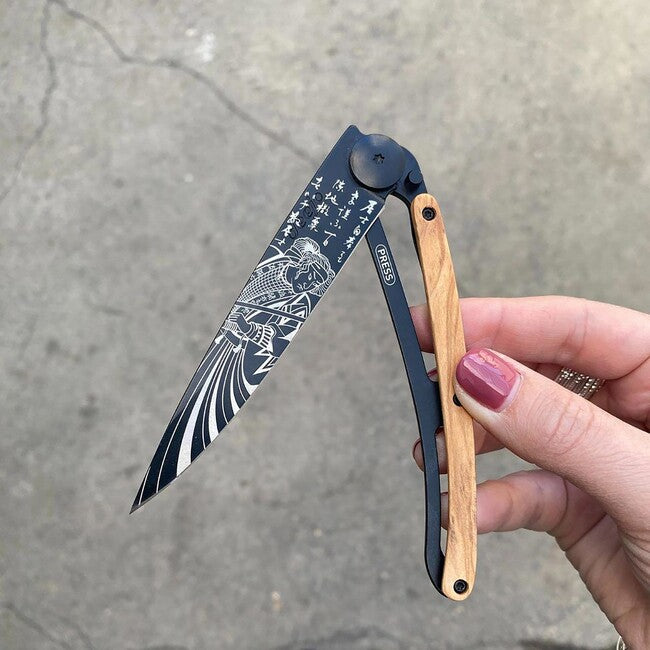 Deejo Tattoo Folding Knife, Black Olive Wood Samourair
