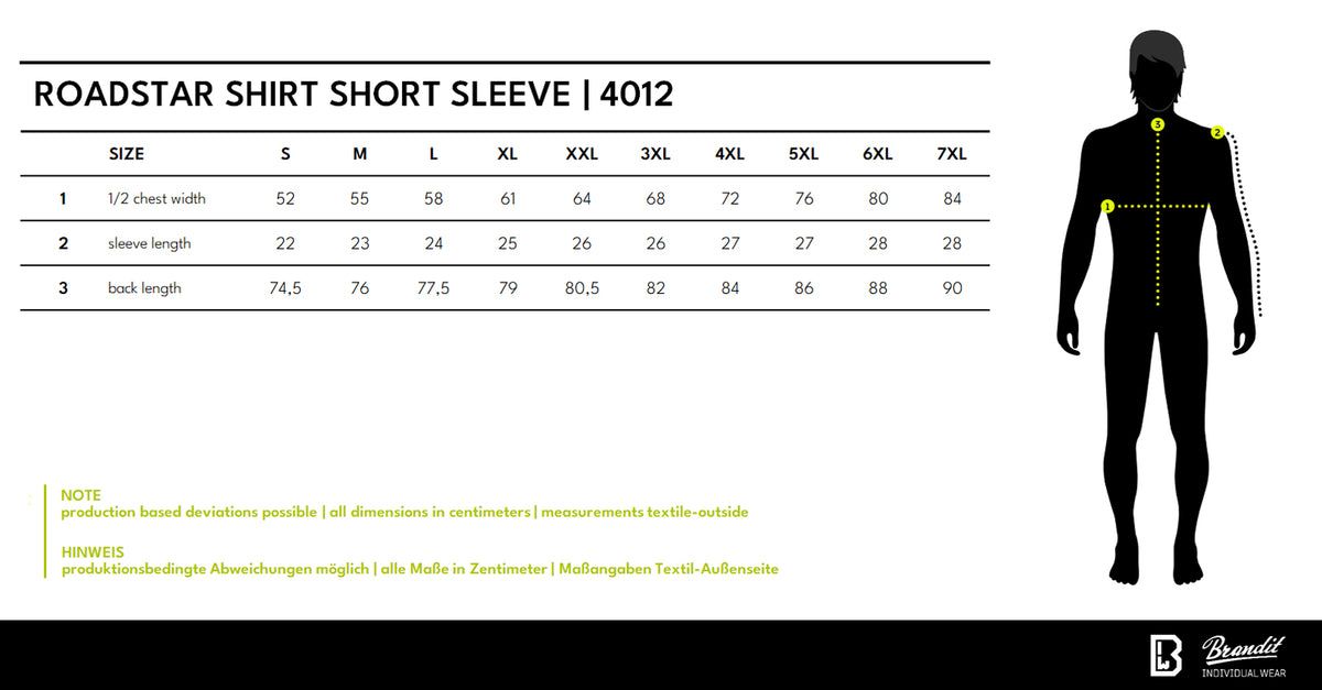 Veľkostná tabuľka Roadstar Shirt Short Sleeve