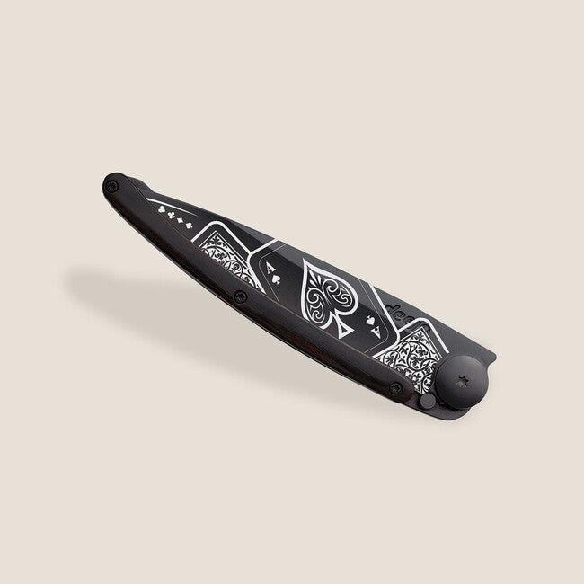 Deejo Black Tattoo Biker Folding Knife, Ebony Wood