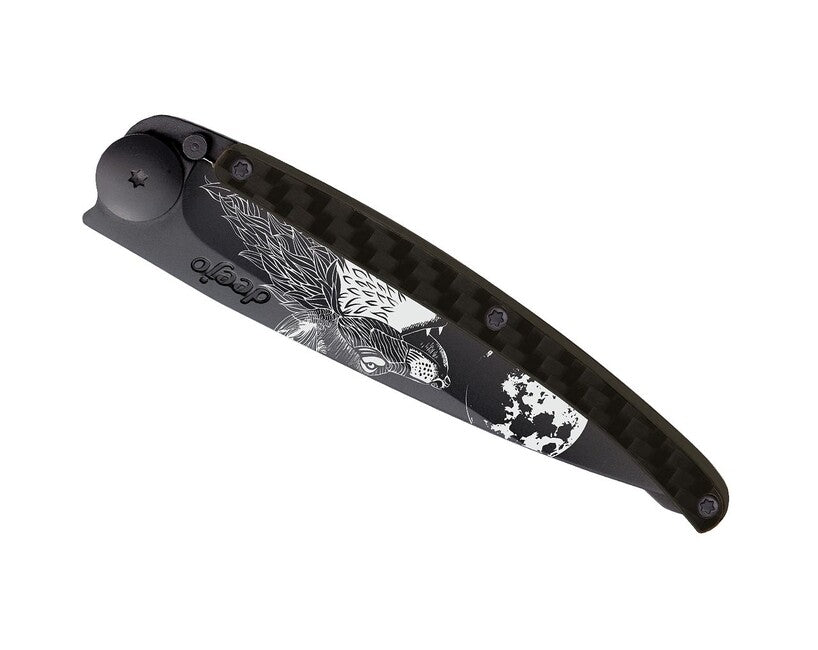 Deejo Tattoo Folding Knife, Black Carbon Howling