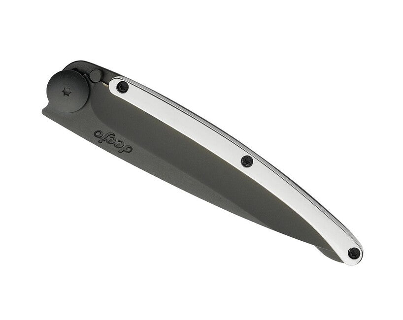 Deejo GOLD Folding Knife, Black, 9kt White Gold