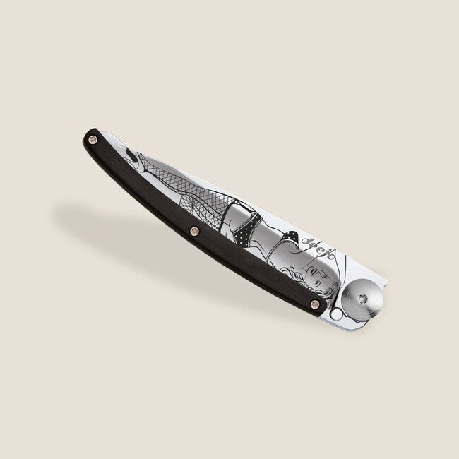 Deejo Tattoo Mirror Folding Knife, Ebony Wood Pin Up