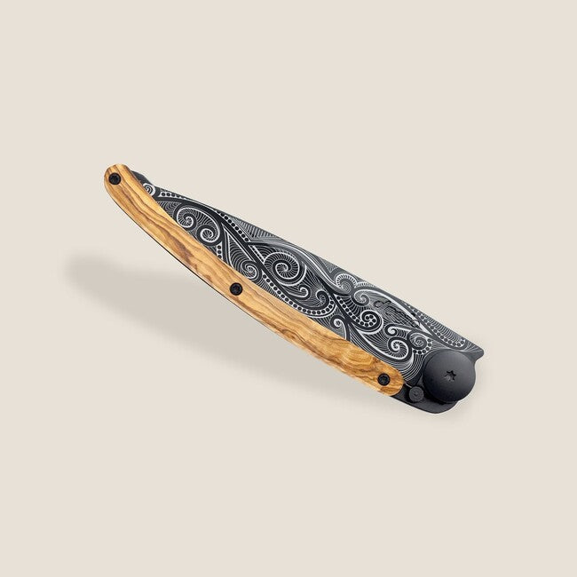 Deejo Black Tattoo Folding Knife, Olive Wood, Pacific