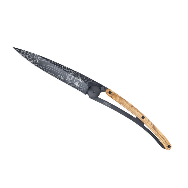 Deejo Tattoo Folding Knife Black Olive Wood Virgo