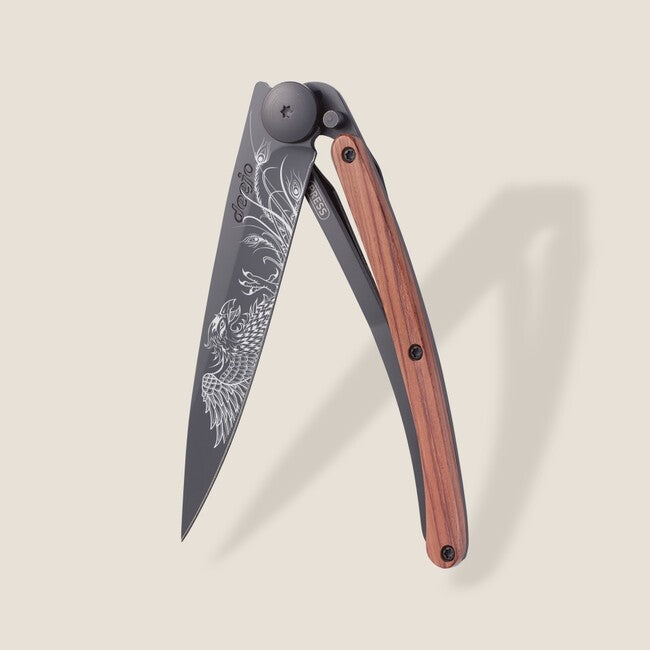 Deejo Tattoo Folding Knife, Black Coral Wood Phoenix