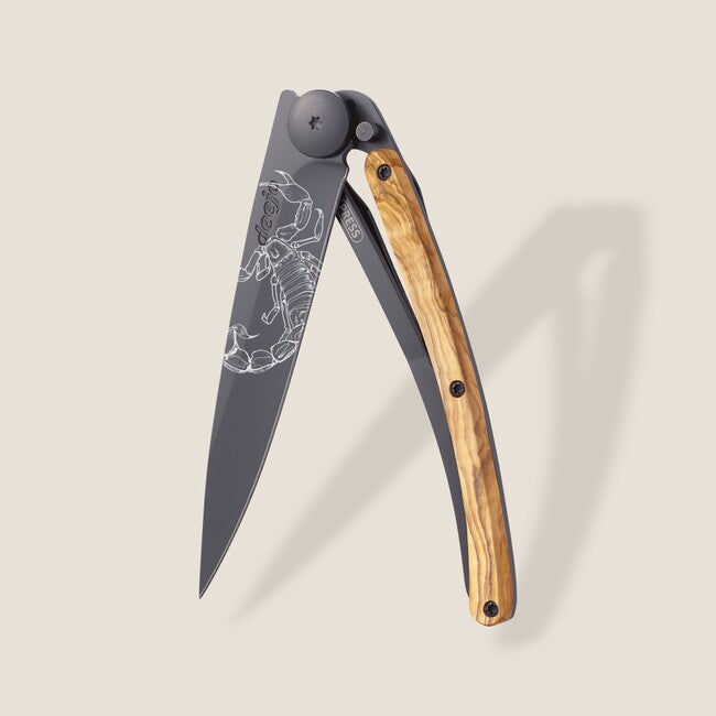 Deejo Tattoo Folding Knife, Black Olive Wood, Scorpio