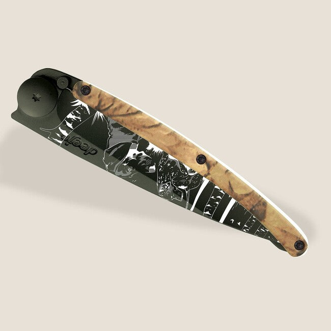 Deejo Tattoo Folding Knife, Black Brown Camo Hunting Day