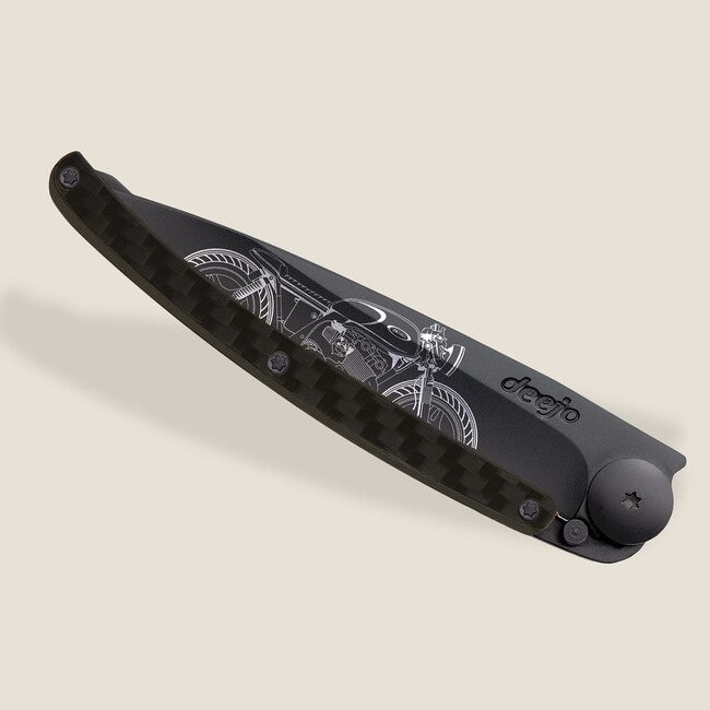 Deejo Tattoo Café Racer Folding Knife, Black Carbon Fiber